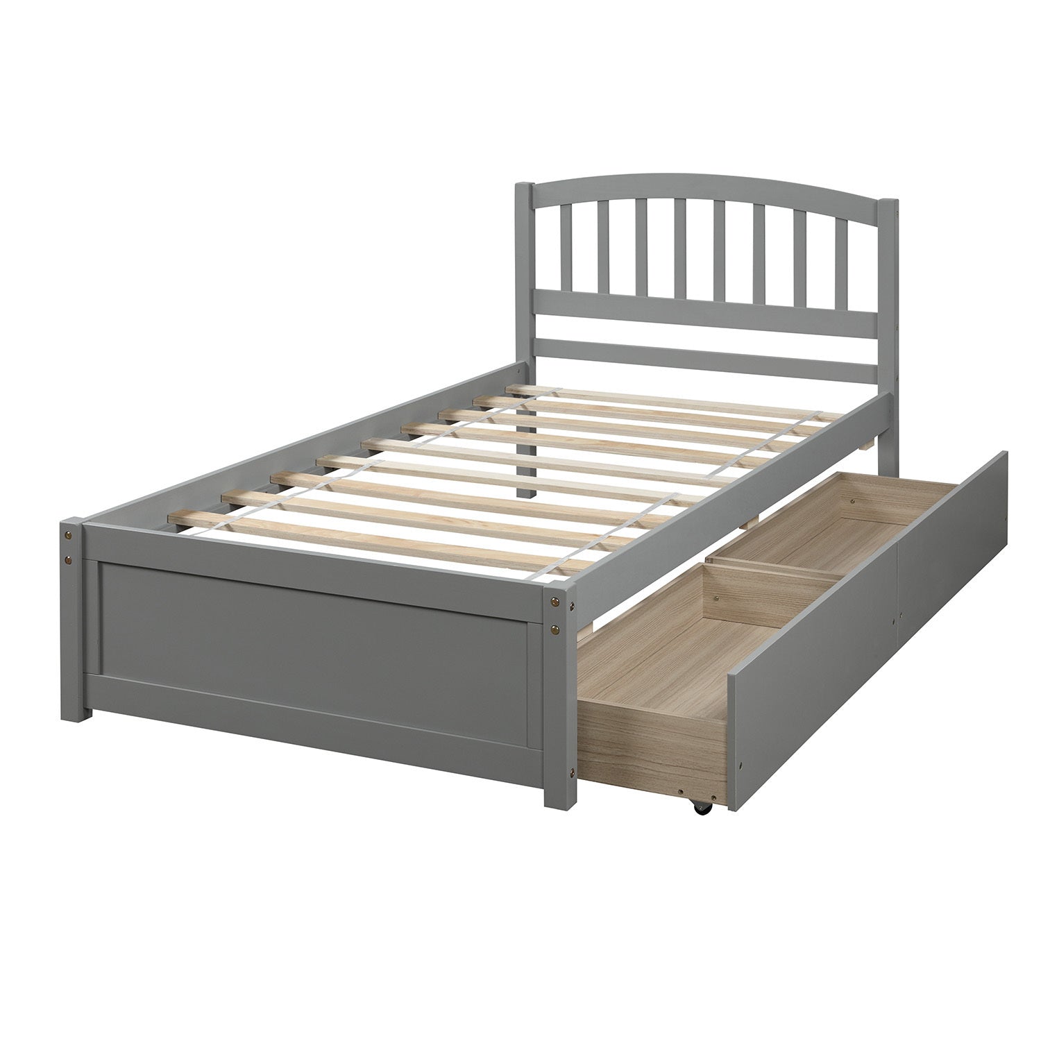 Twin Platform Storage Bed Wood Bed Frame with Two Drawers and Headboard, Gray