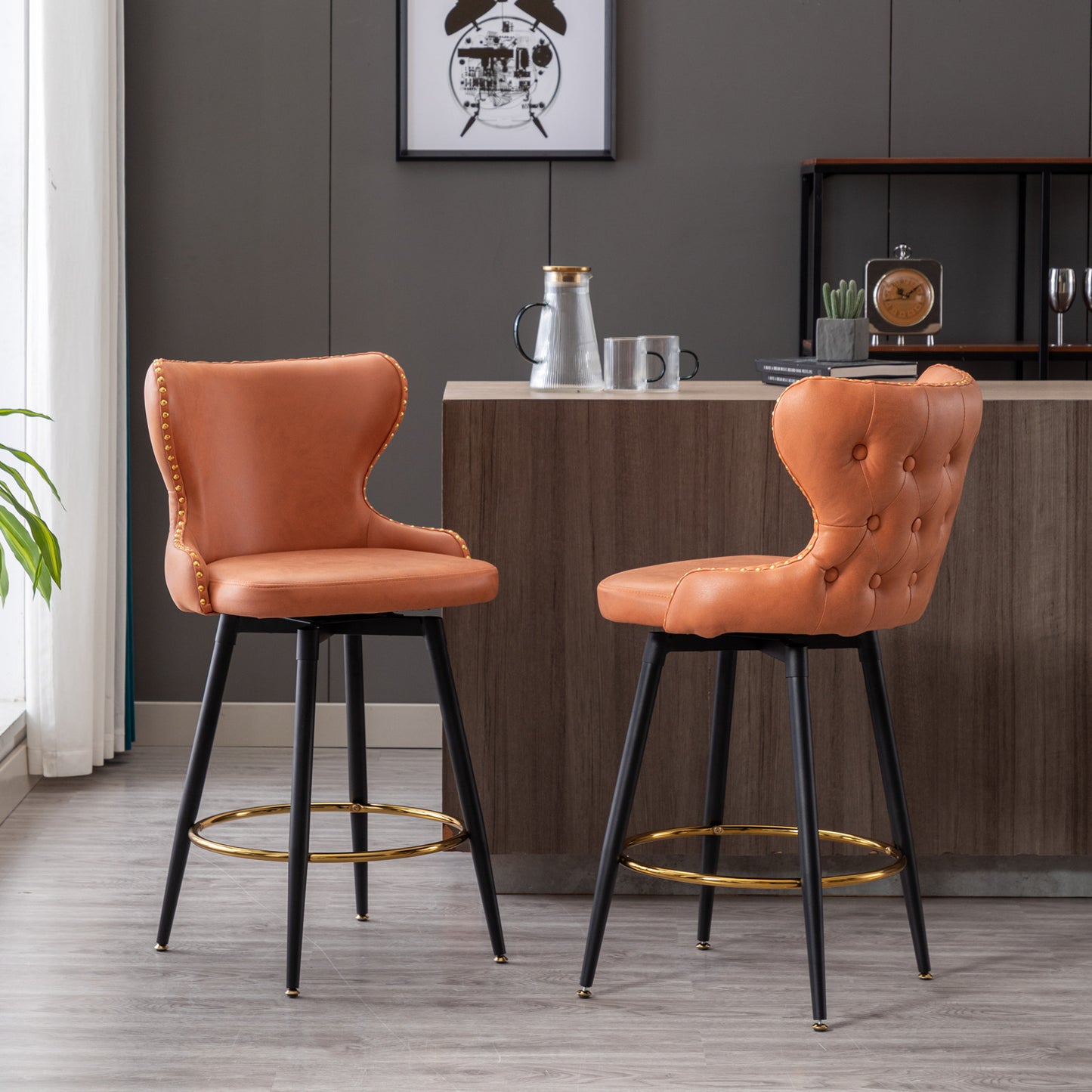 Modern 25" Counter Height Stools in Orange Leatheraire Set of 2