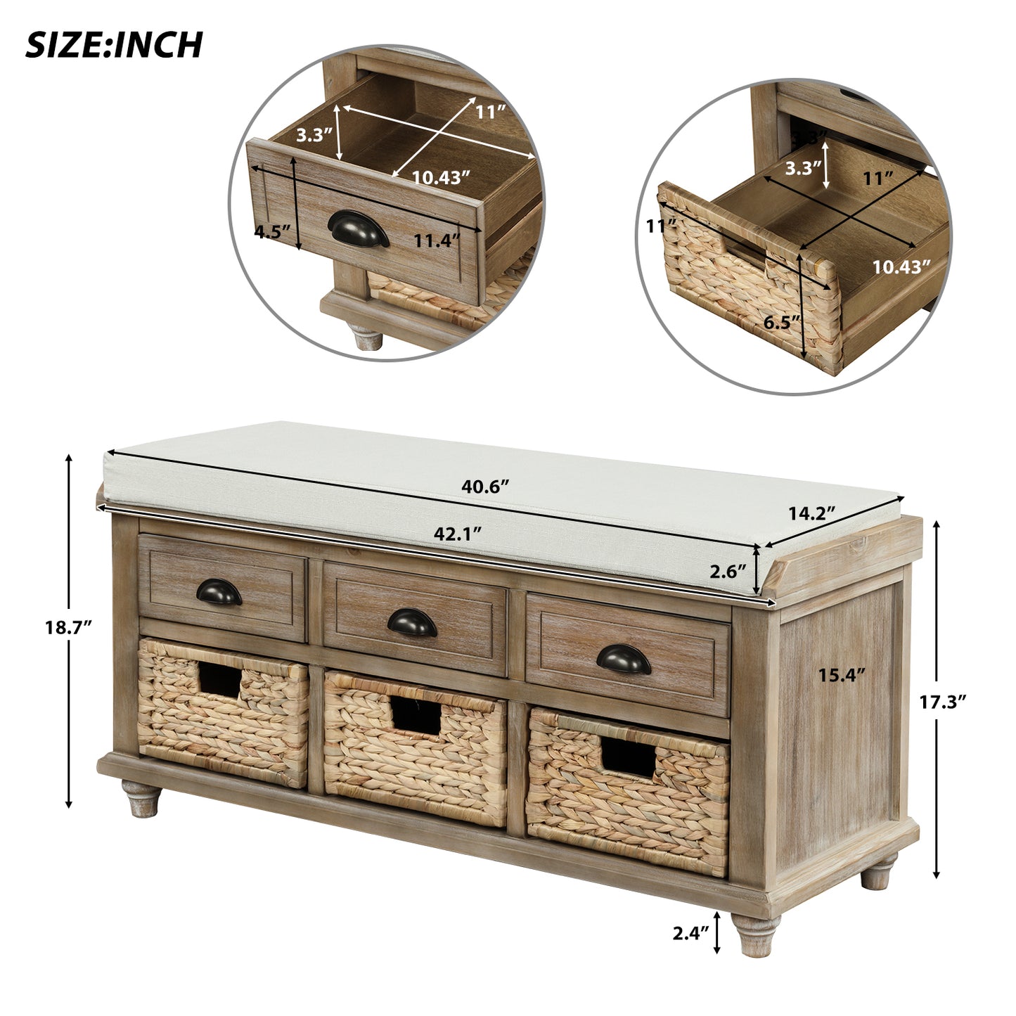 TREXM Rustic Storage Bench with 3 Drawers and 3 Rattan Baskets - White Wash