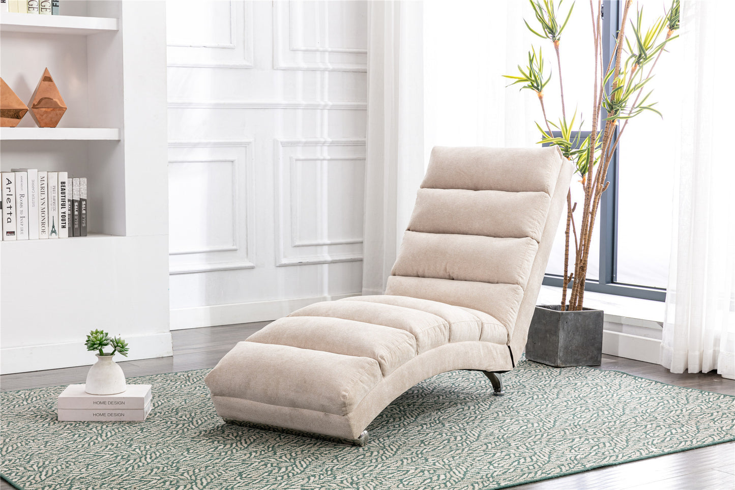 Modern Linen Chaise Lounge with Massage Function & Remote in Beige