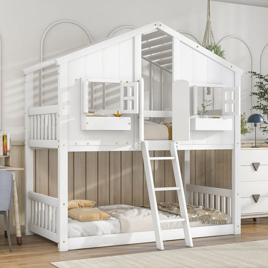 Inspirit Twin over Twin House Bunk Bed with Roof - White