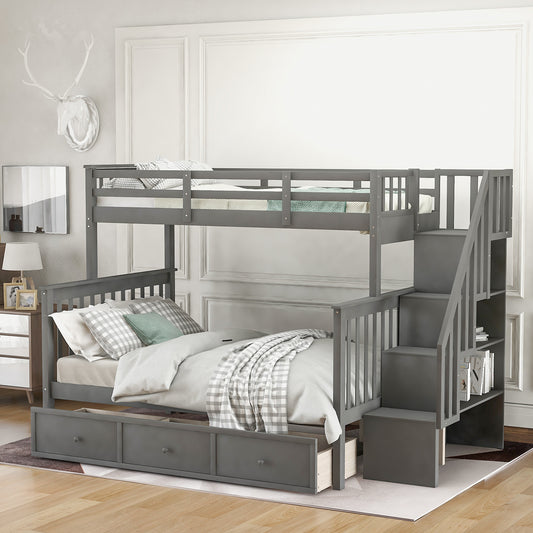 Homey Life Stairway Twin-Over-Full Bunk Bed with Drawer - Gray