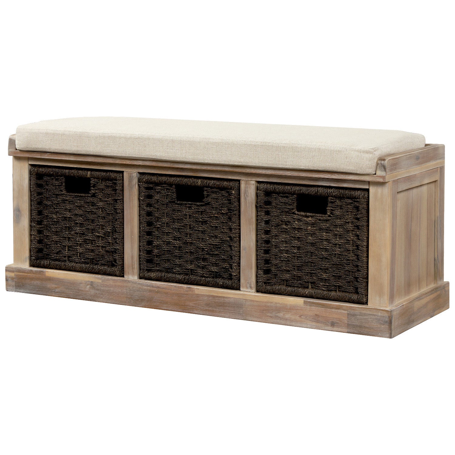 TREXM Rustic Storage Bench with 3 Removable Classic Rattan Basket - White Washed