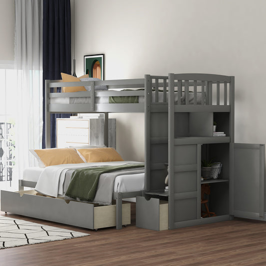 WM Store Twin over Full/Twin Bunk Bed, Convertible Bottom Bed, Storage Shelves and Drawers, Gray