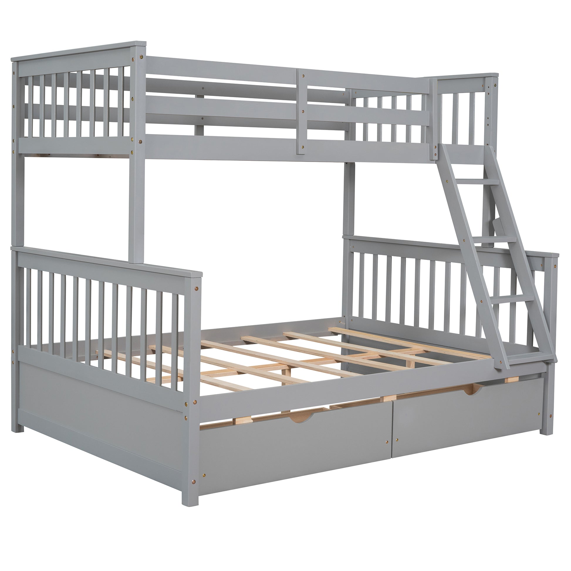 Twin-Over-Full Bunk Bed with Ladders and Two Storage Drawers Gray