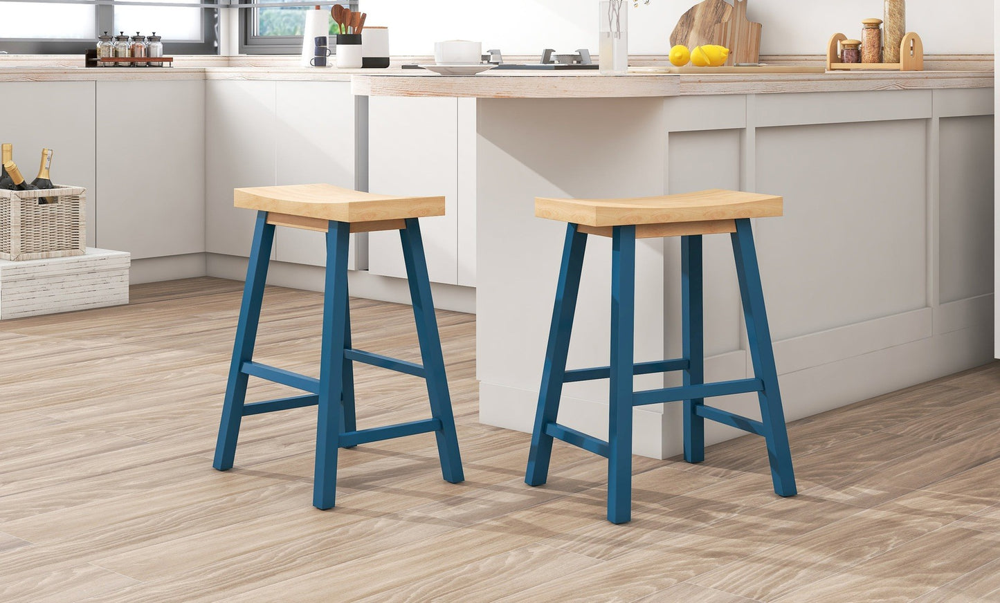 Farmhouse Style 2-piece Counter Height Wood Kitchen Dining Stools in Light Walnut & Blue