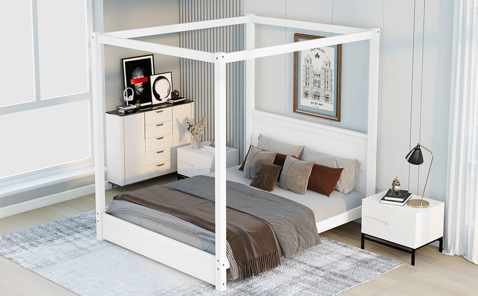 Queen Size Canopy Platform Bed with Headboard and Support Legs,White