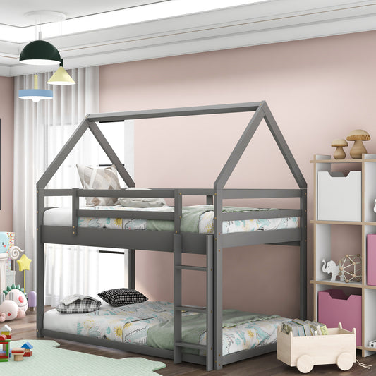 WM Store Twin over Twin Low Bunk Bed, House Bed with Ladder , Gray