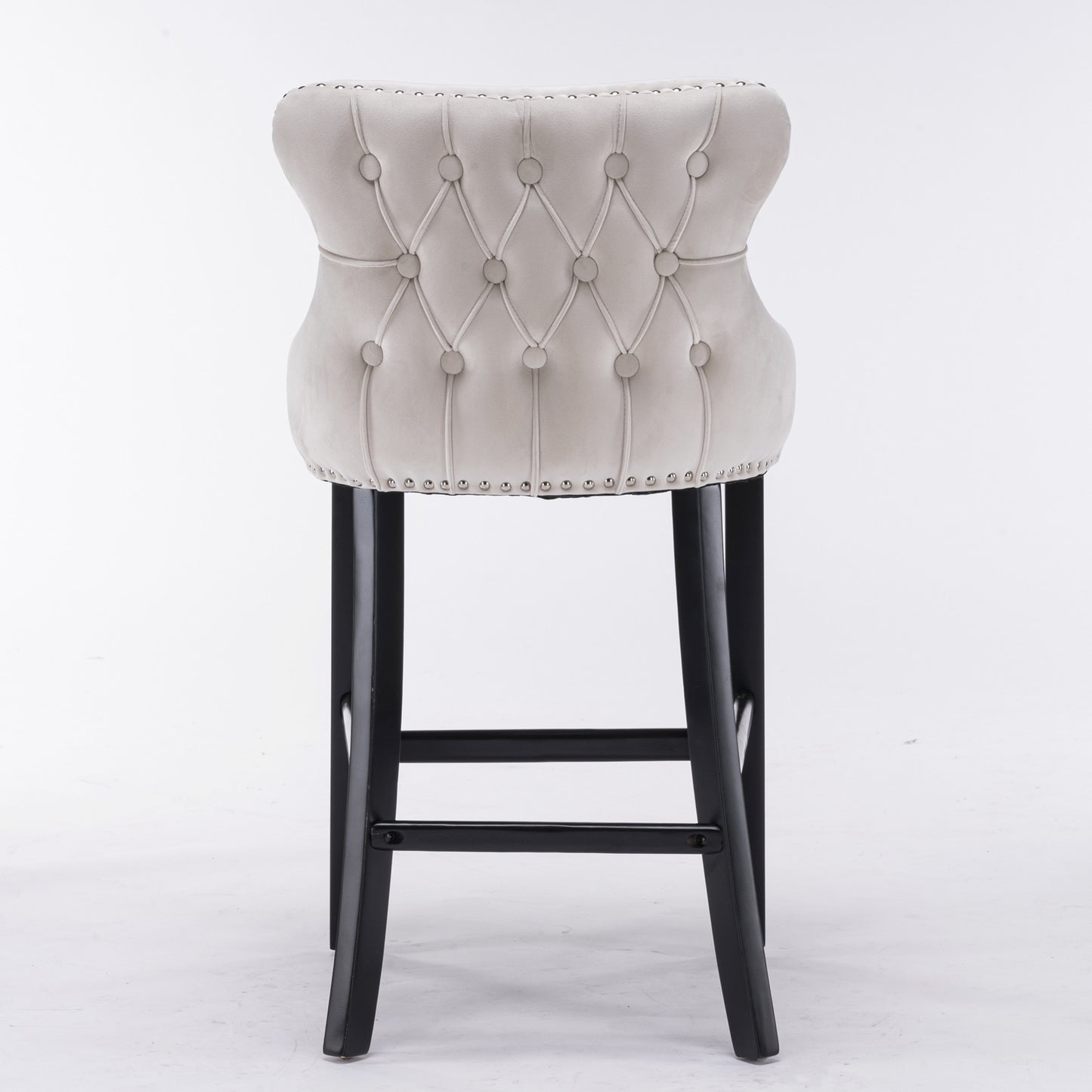 Contemporary Beige Velvet Upholstered Wing-Back Counter Height with Button Tufted Decoration and Wooden Legs Set of 2