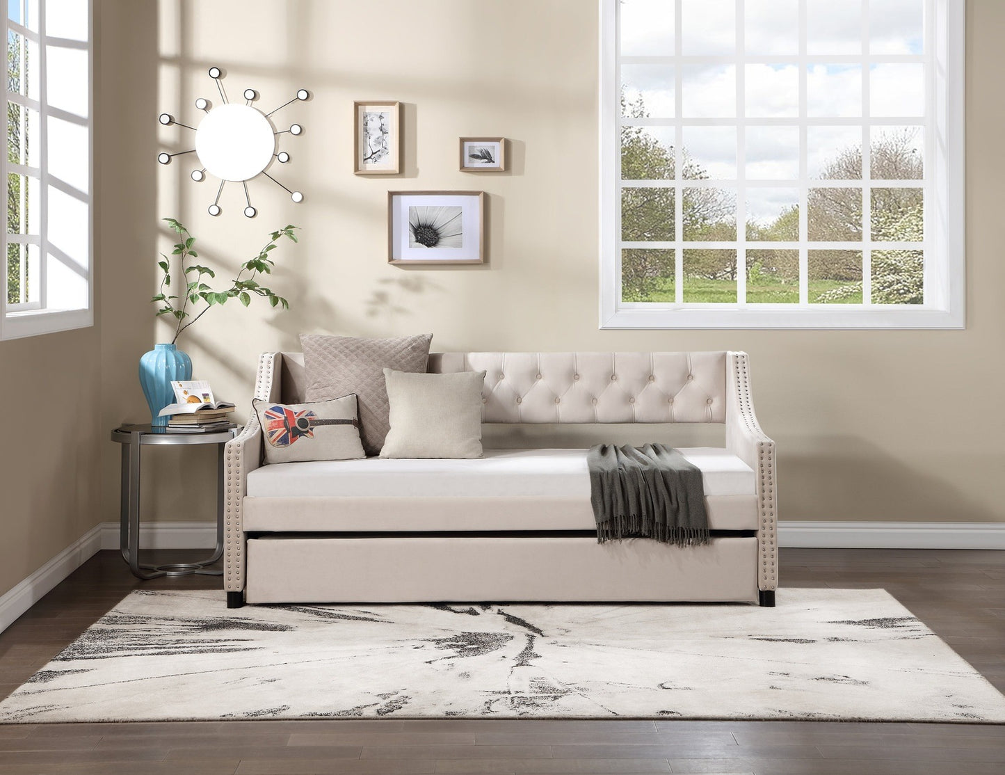 Monica Contemporary Full Size Daybed & Trundle Set - Beige