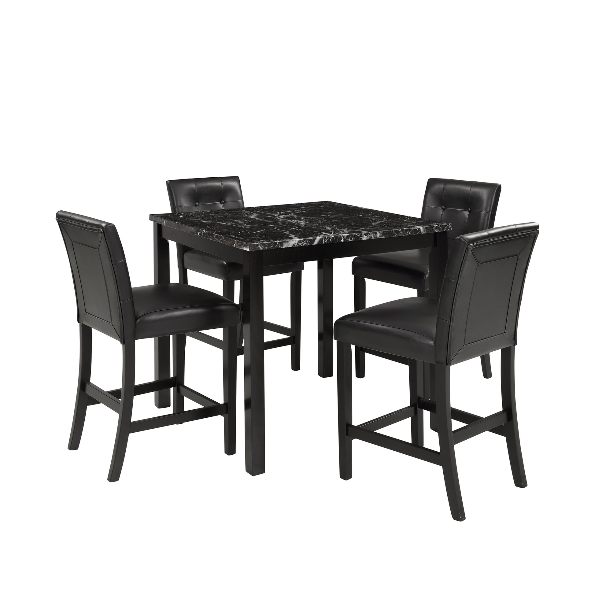5-Piece Kitchen Table Set Faux Marble Top Counter Height Dining Table Set with 4 PU Leather-Upholstered Chairs Black