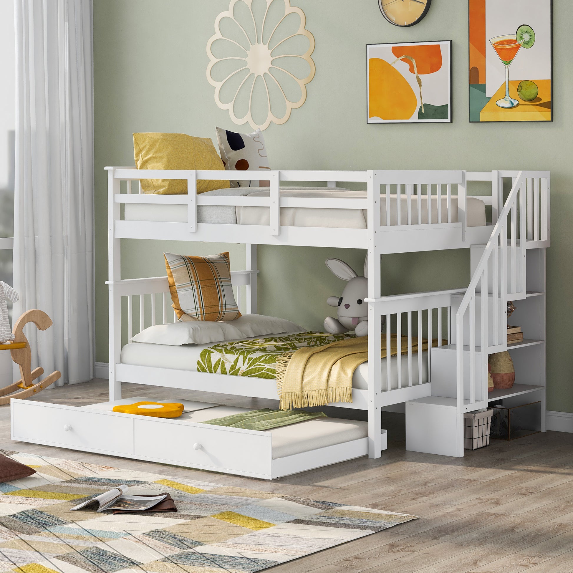 Homey Life Full-Over-Full Bunk Bed with Twin size Trundle & Storage Stairway