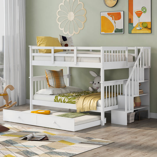 Homey Life Full-Over-Full Bunk Bed with Twin size Trundle & Storage Stairway