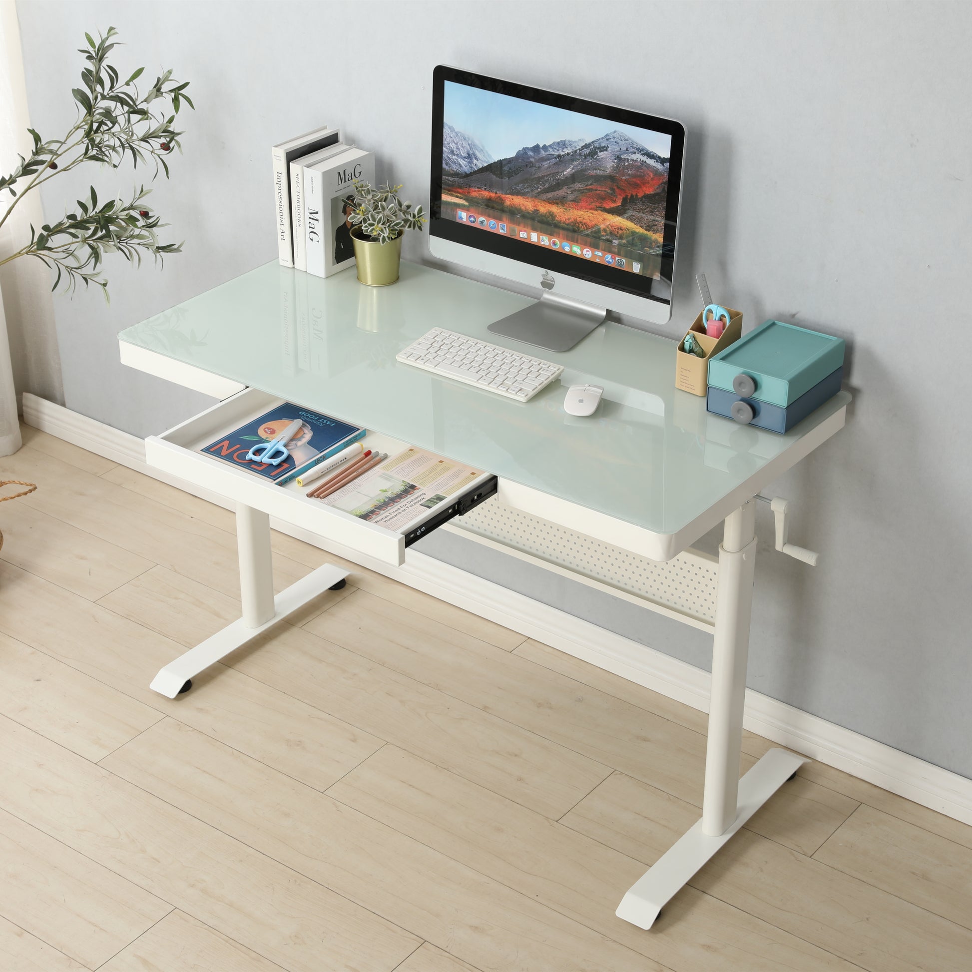 Hayward Tempered Glass Top Standing Desk with Metal Drawer