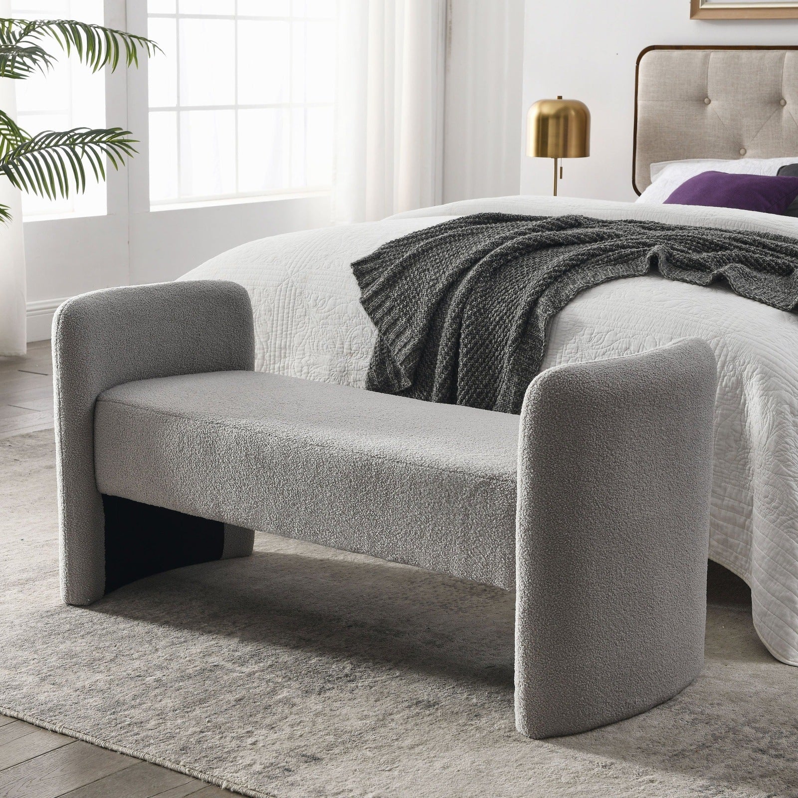 Welike 52" Teddy Fabric Upholstered Bedroom Bench - Gray