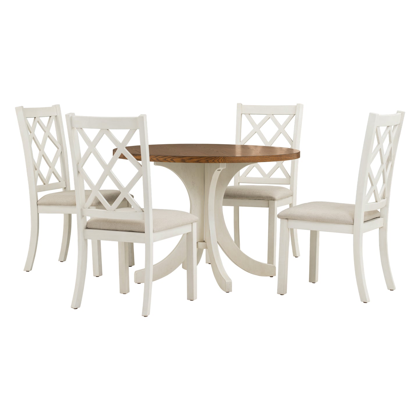 TOPMAX Mid-Century Solid Wood 5-Piece Round Dining Table Set in Walnut & White