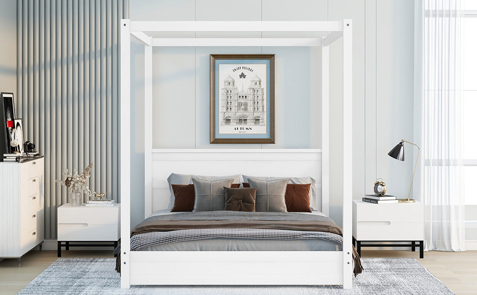 Queen Size Canopy Platform Bed with Headboard and Support Legs,White