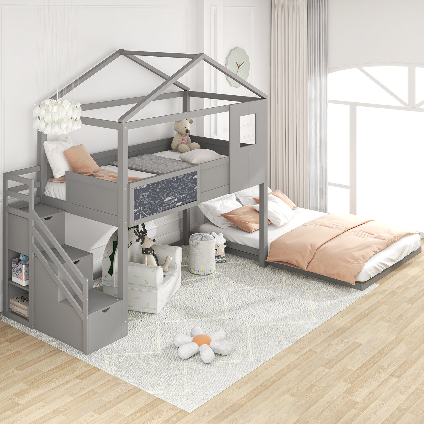 Twin over Full House Bunk Bed with Storage Staircase and Blackboard,Grey