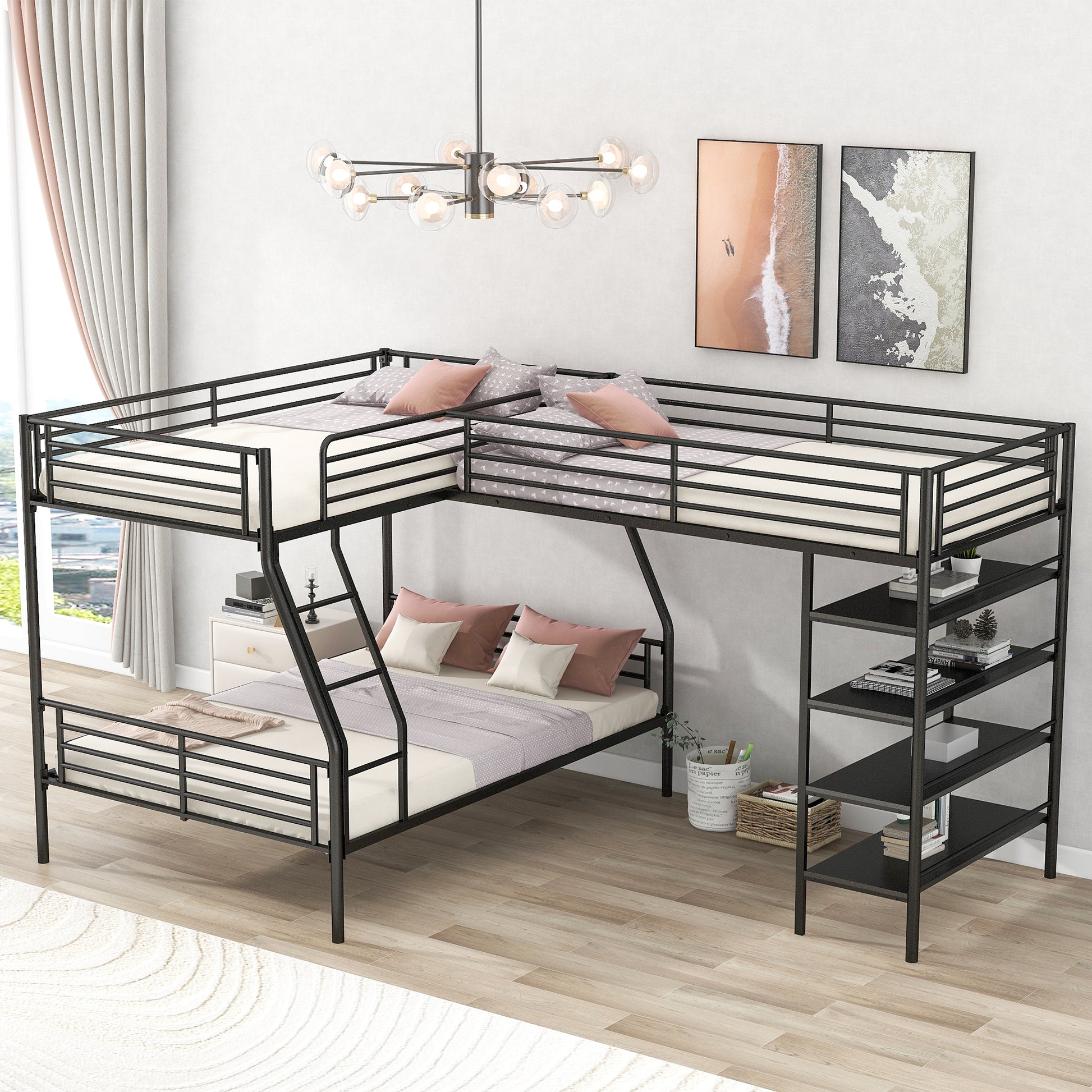 L-Shaped Metal Twin over Full Bunk Bed and Twin Size Loft Bed with Four Built-in Shelves,Black