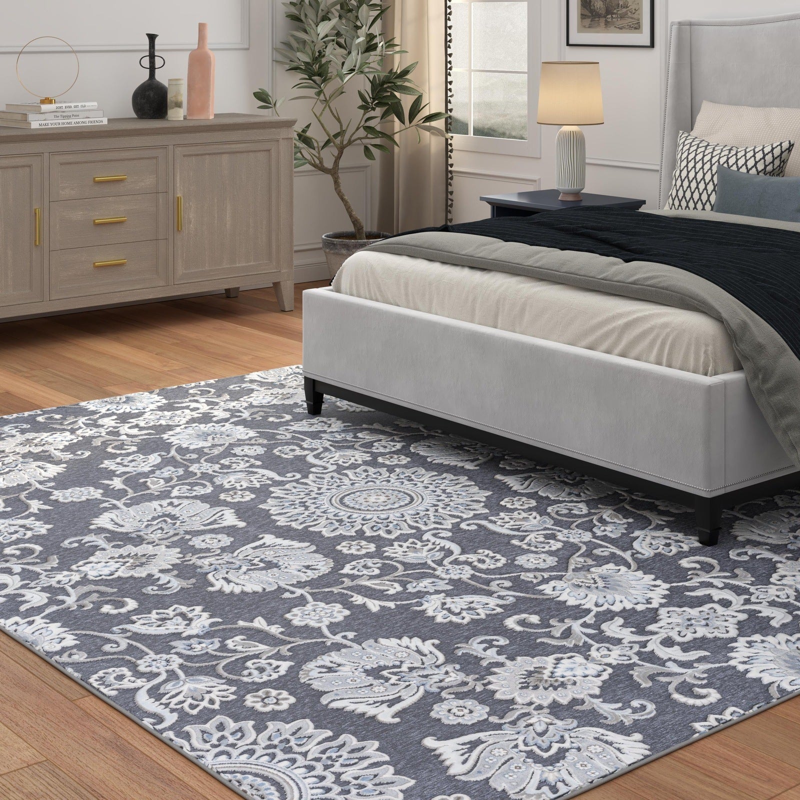 Lily Gray, Ivory, Blue Chenille and Viscose High - Low Area Rug