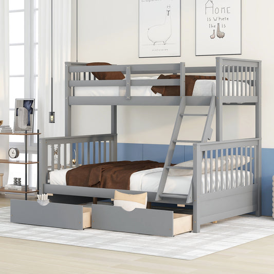Homey Life Twin-Over-Full Bunk Bed with Ladders and Two Storage Drawers Gray