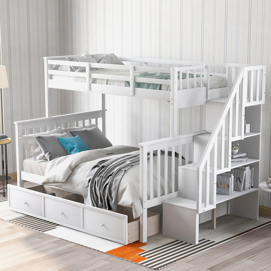 Homey Life Stairway Twin-Over-Full Bunk Bed with Drawer - White
