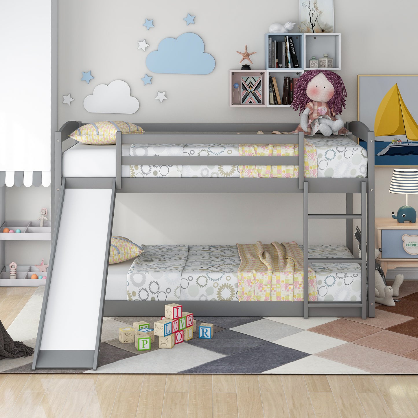 WM Store Twin over Twin Bunk Bed with Convertible Slide and Ladder
