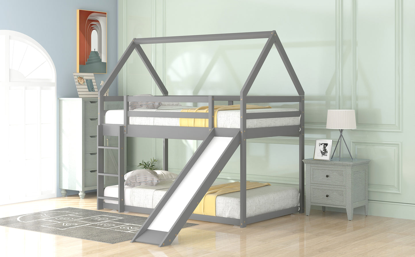 WM Store Twin Size Bunk House Bed with Slide and Ladder in Gray