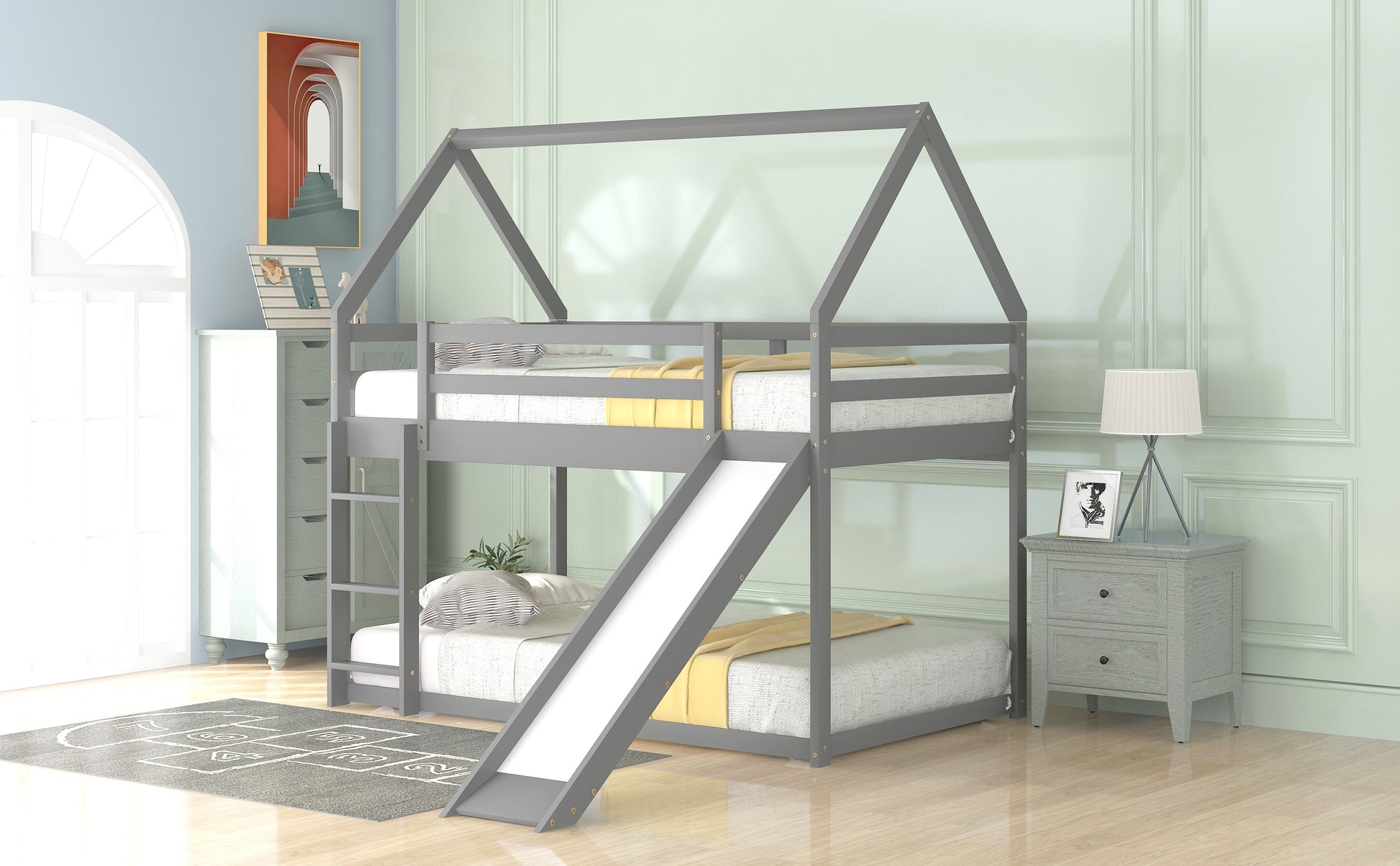 WM Store Twin Size Bunk House Bed with Slide and Ladder in Gray