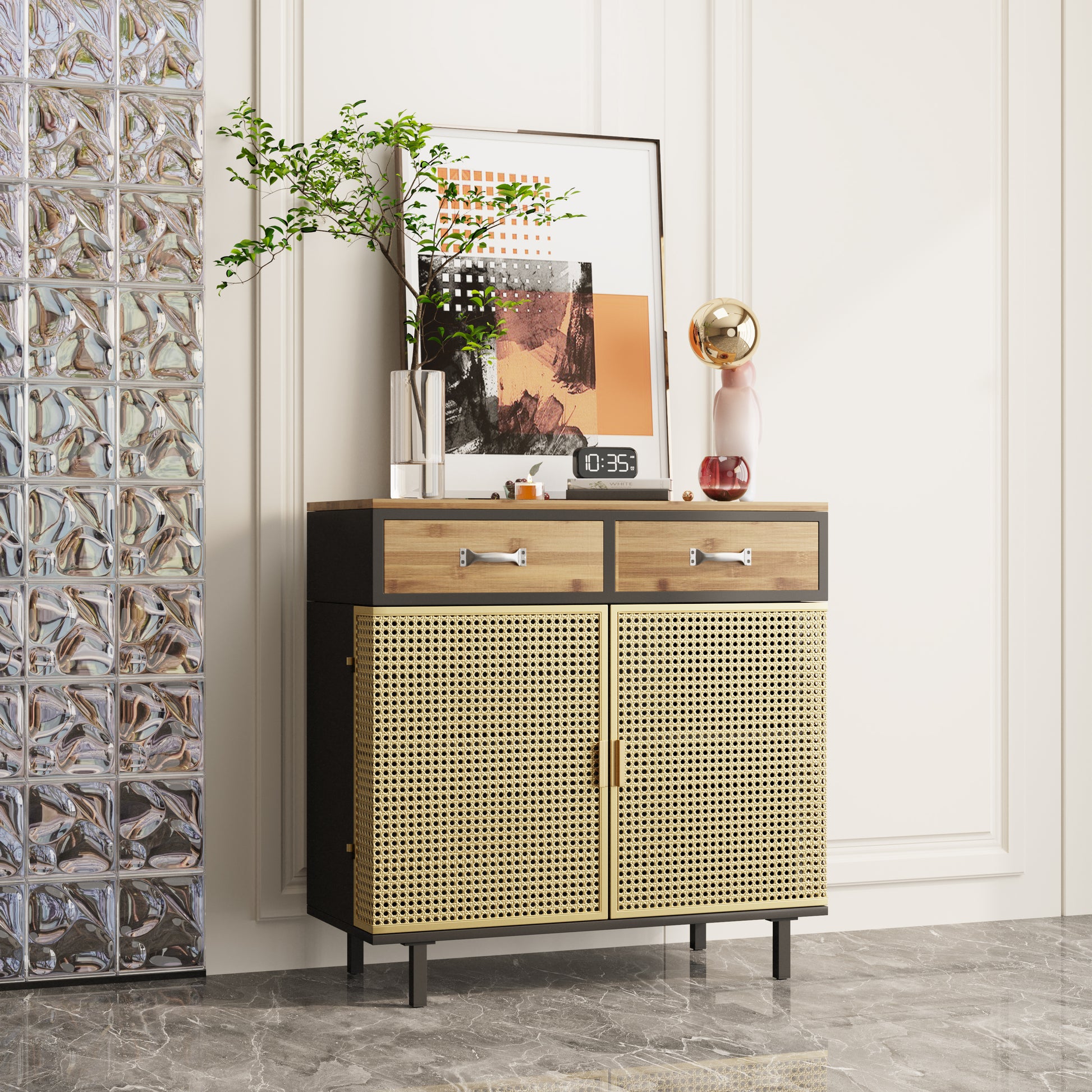 Modern 31.5'' Wide 2 Drawer Sideboard in Iron & Carbonized Bamboo