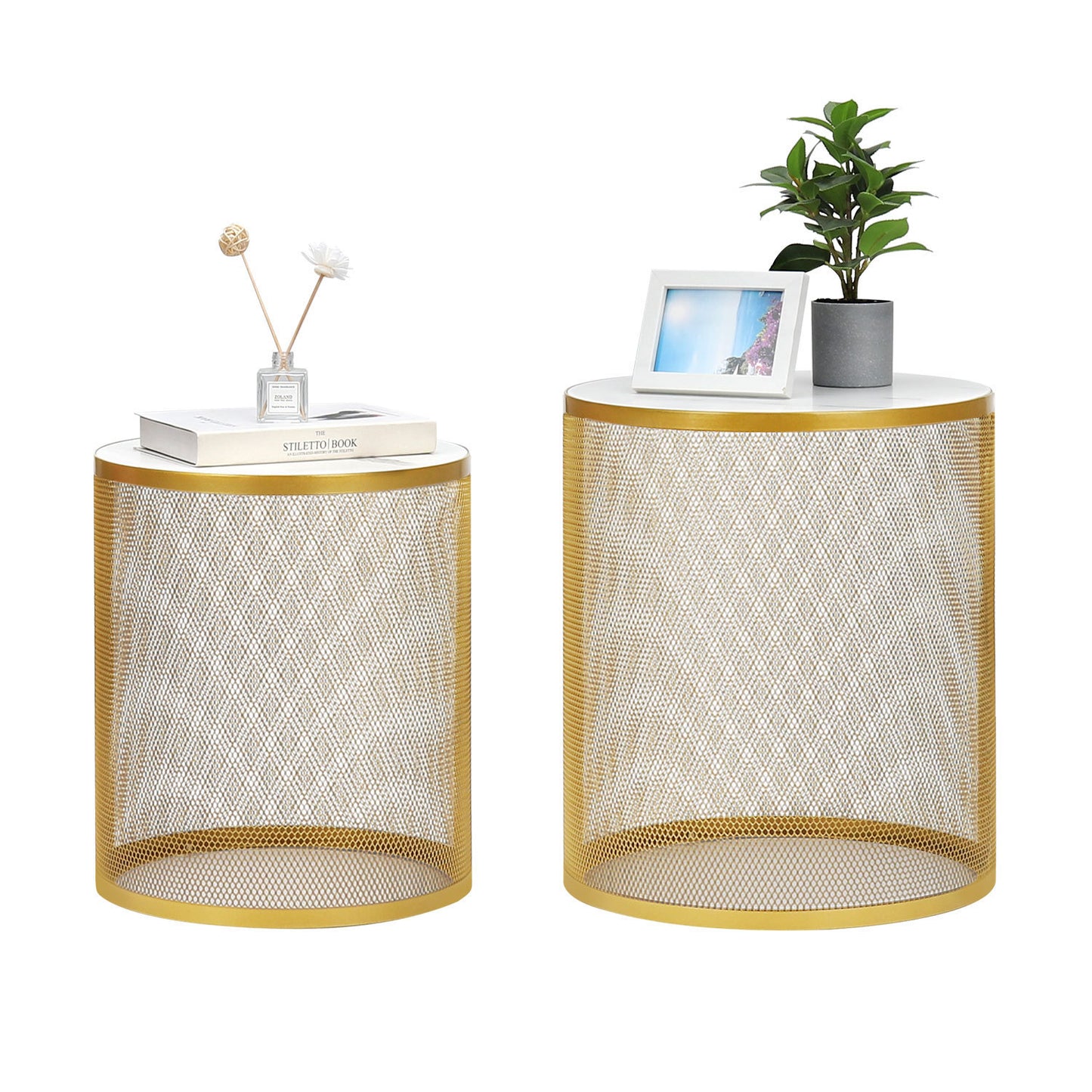 Metal Round End / Side Tables Nesting Nightstands Set of 2 in Golden White