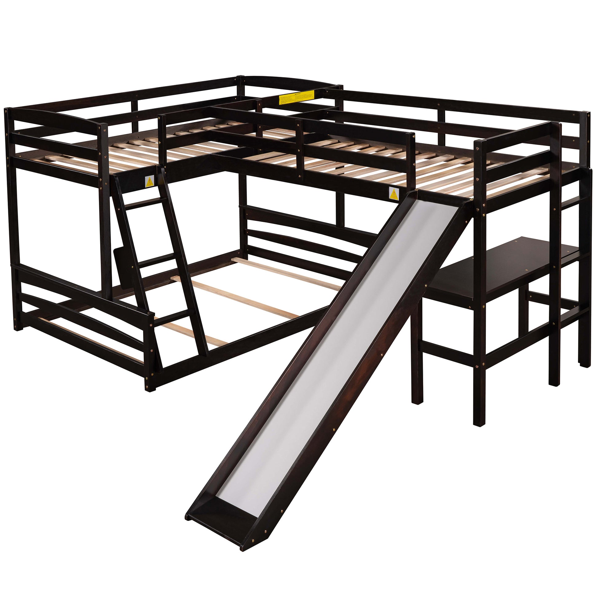 Twin over Full Bunk Bed with Twin Size Loft Bed with Desk and Slide,Full-Length Guardrail, Espresso