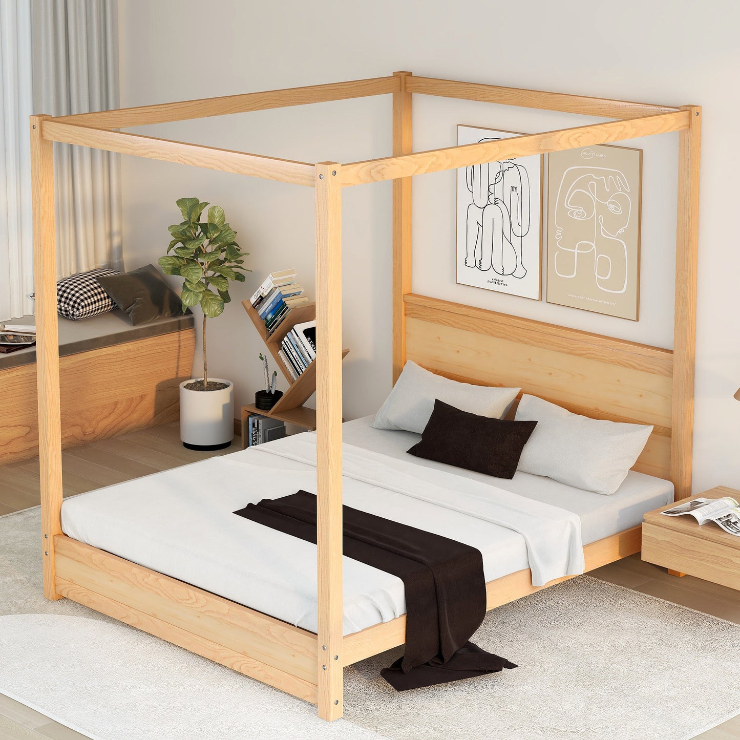 Queen Size Canopy Platform Bed with Headboard and Support Legs,Natural
