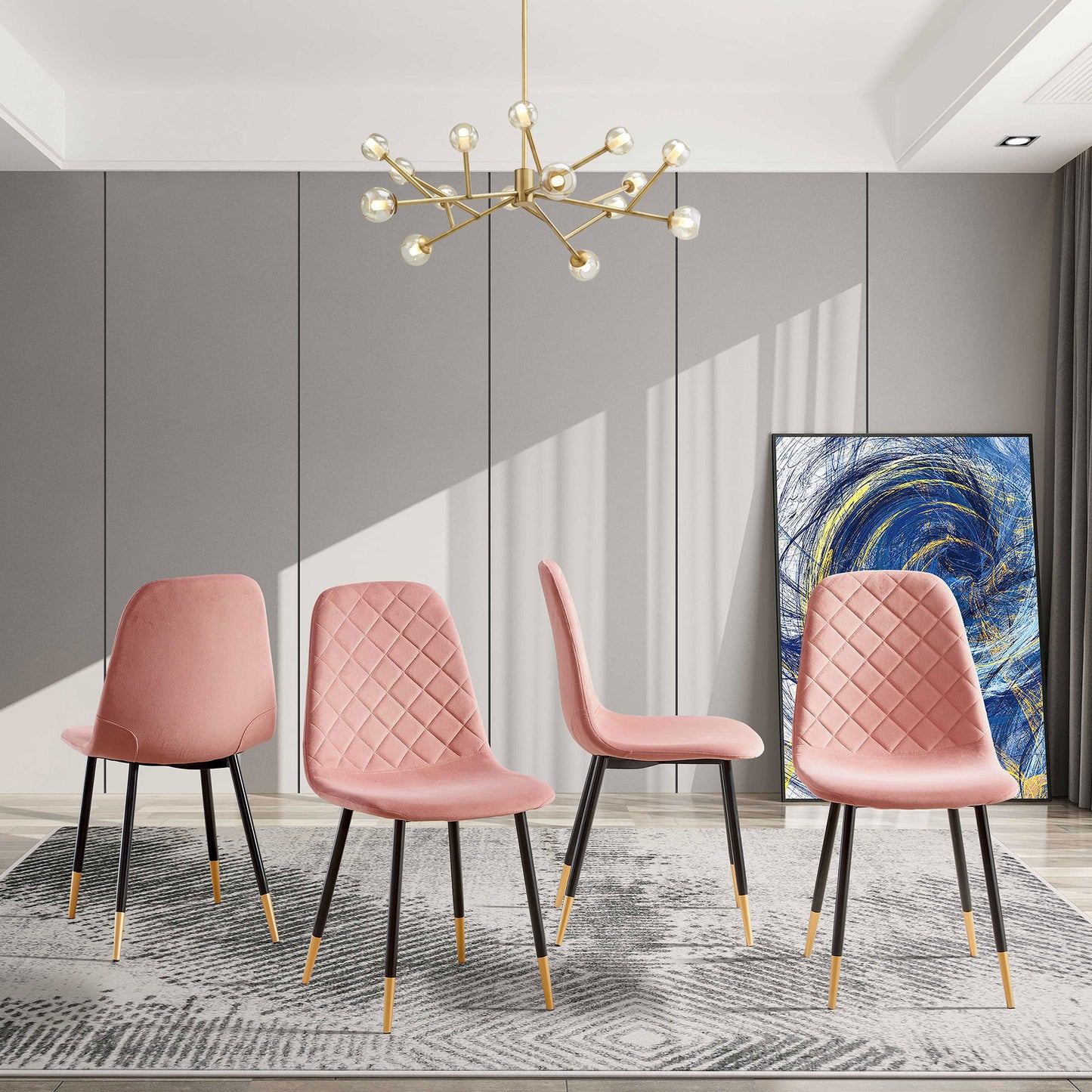 Pink Velvet Tufted Accent Chairs with Gold Metal Legs, Modern Dining Chairs for Living Room,Set of 4