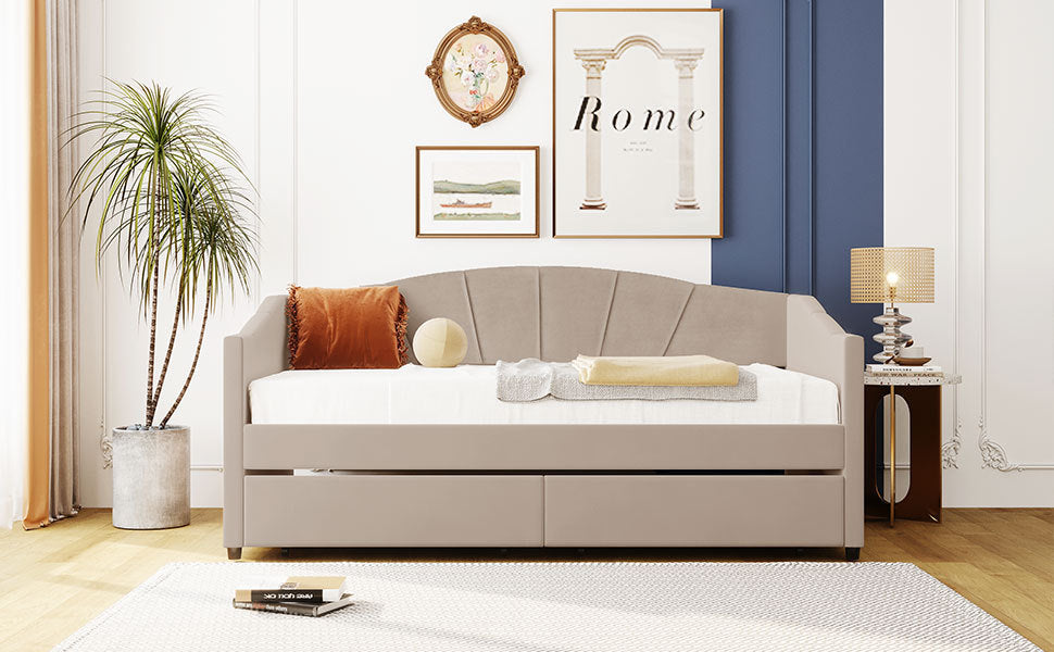 Homey Life Upholstered daybed Twin Size with Two Drawers and Wood Slat ,Beige