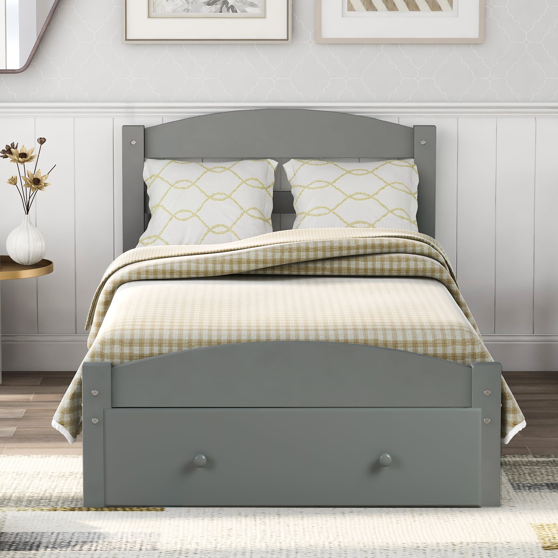 Twin Platform Bed with Storage Drawer in Gray