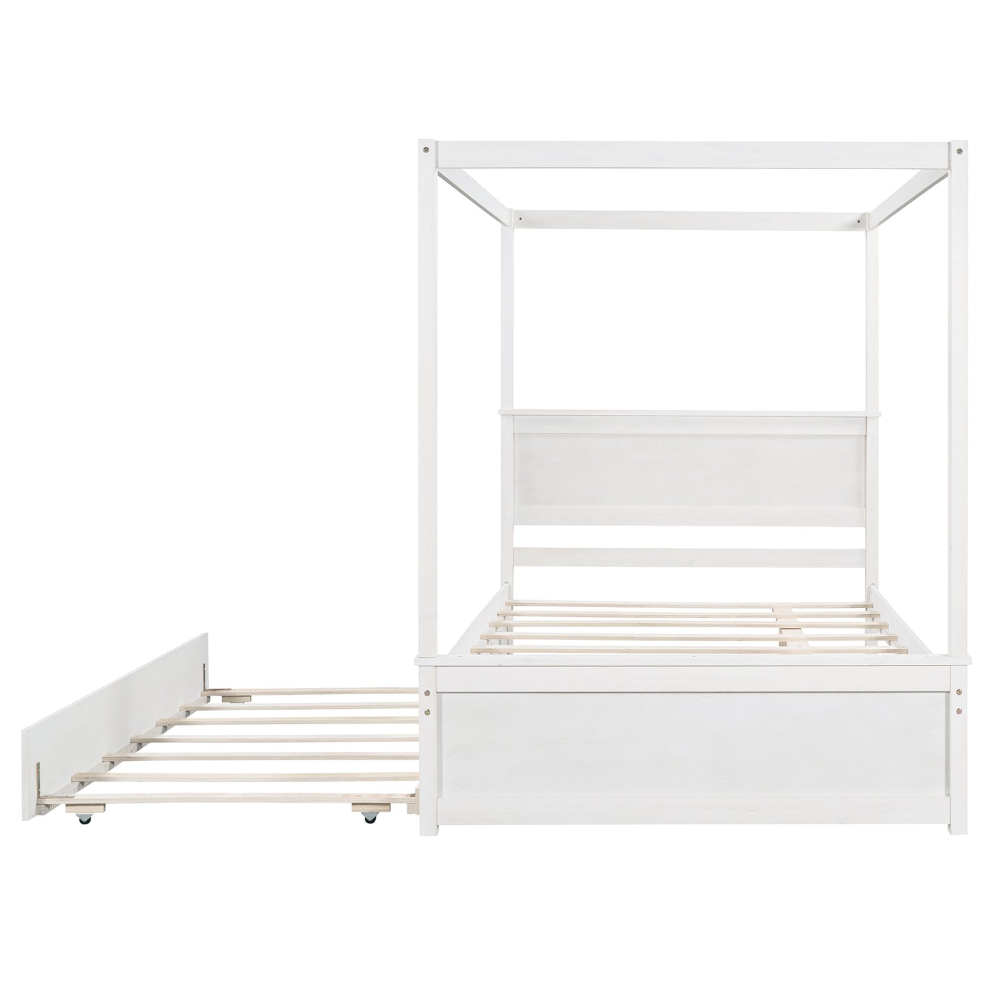 Full Size Canopy Platform Bed with Trundle in White