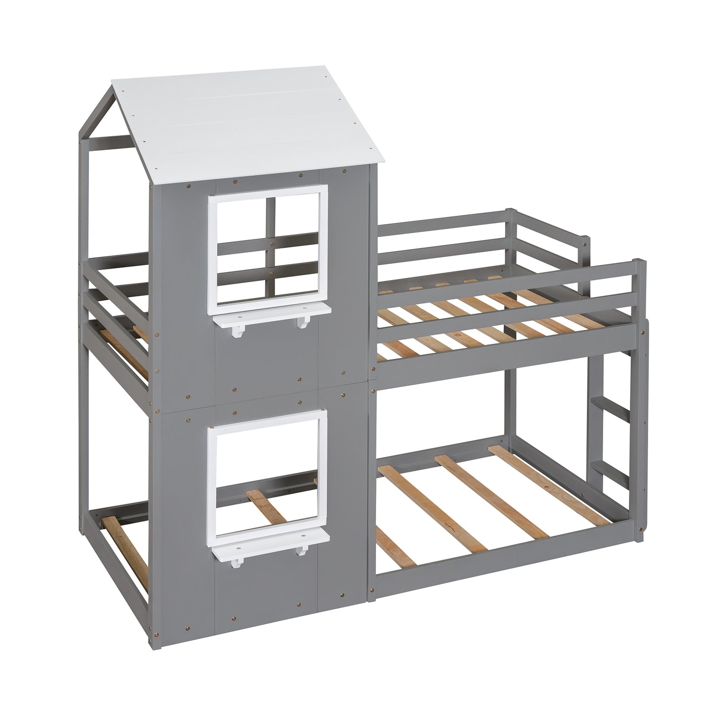 Homey Life Twin Over Twin Bunk Bed Wood Bed with Roof, Window, Guardrail, Ladder Gray & White