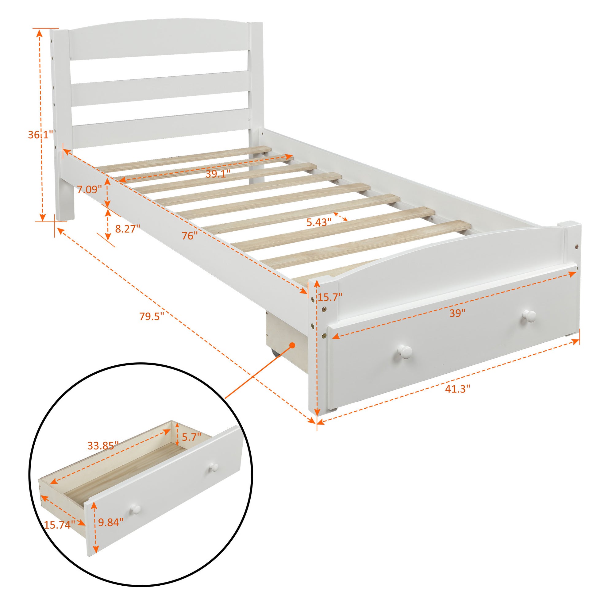 Twin Platform Bed with Storage Drawer in White