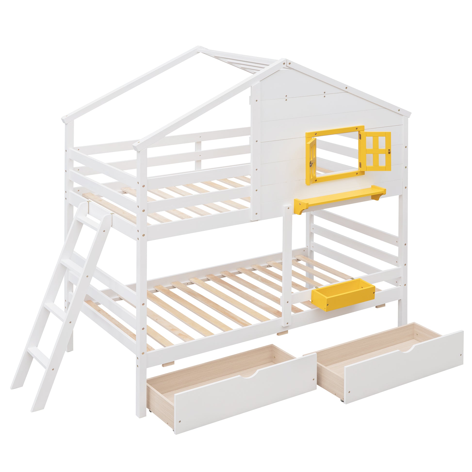 Twin over Twin Bunk Bed with 2 Drawers, 1 Storage Box, 1 Shelf - White