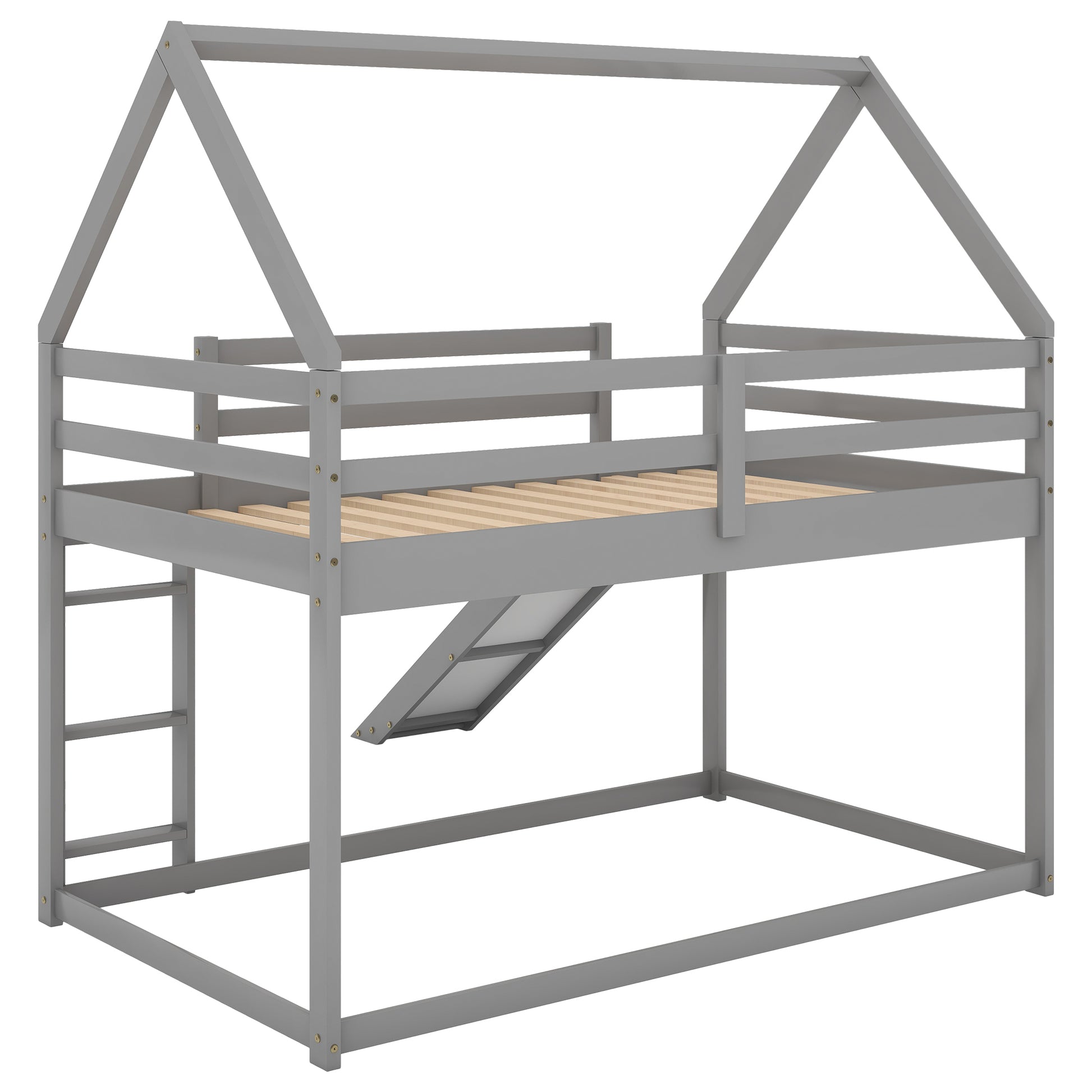 WM Store Twin Size Bunk House Bed with Slide and Ladder in Gray