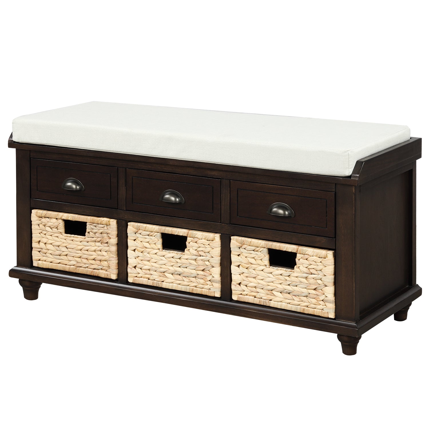 TREXM Rustic Storage Bench with 3 Drawers and 3 Rattan Baskets - Espresso