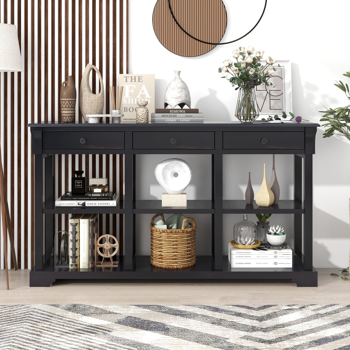 Transitional Console Table with 3 Drawers & Open Shelves - Espresso