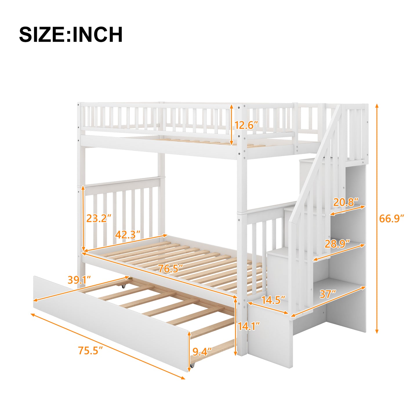 WM Store Twin over Twin Bunk Bed with Trundle and Storage, White