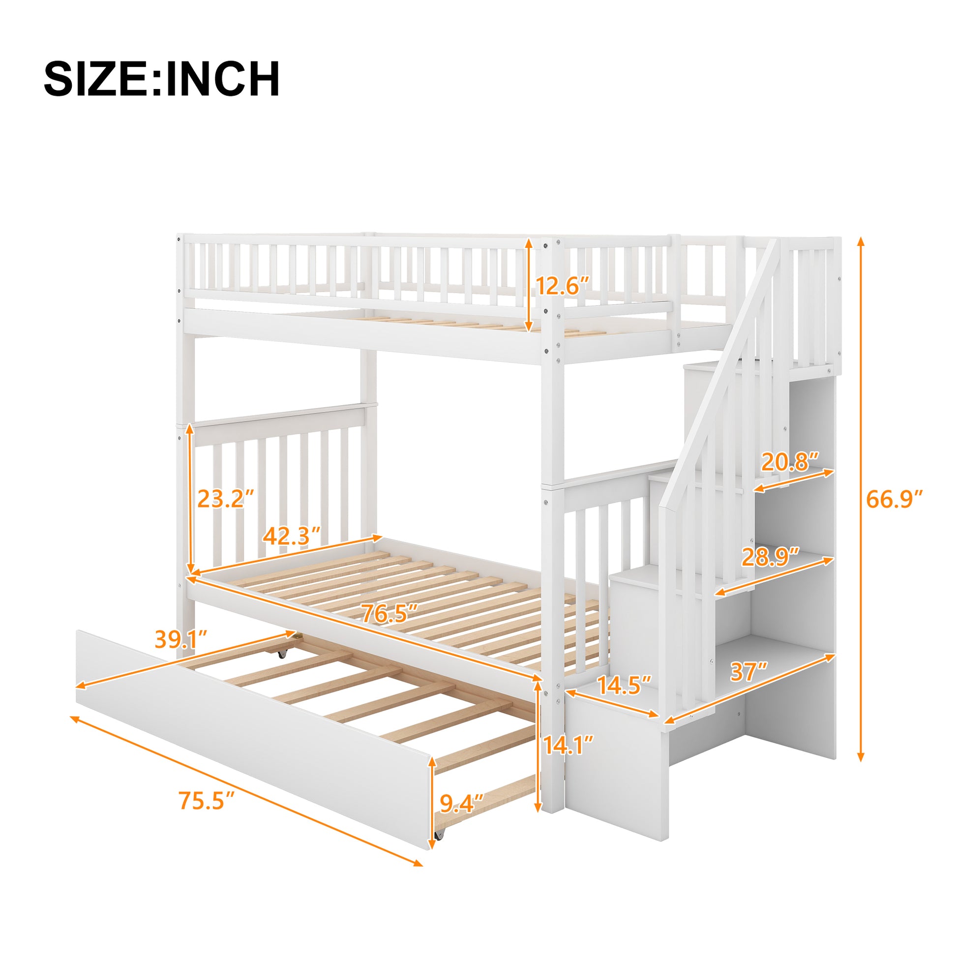 WM Store Twin over Twin Bunk Bed with Trundle and Storage, White