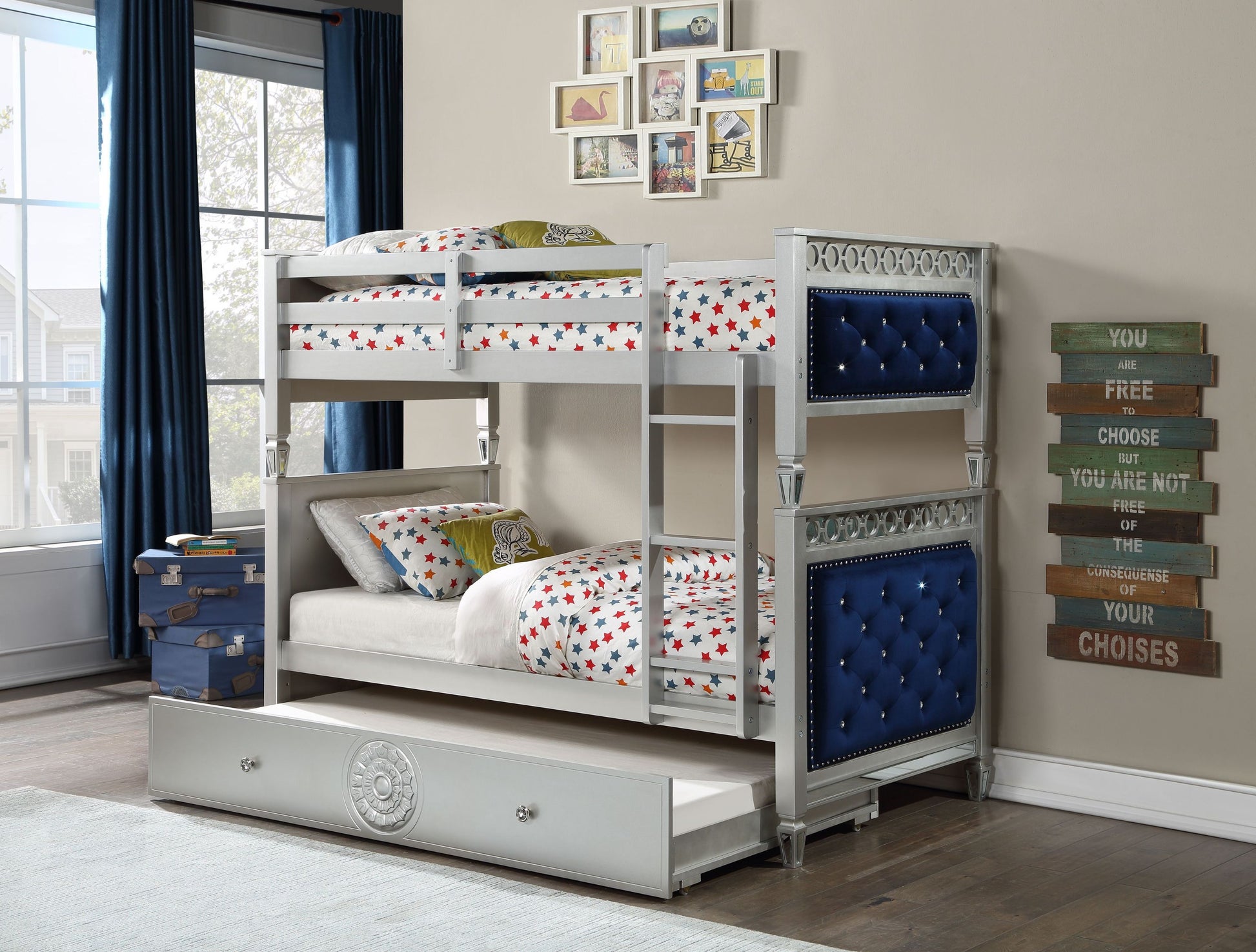 ACME Varian Twin/Twin Bunk Bed, Blue Velvet & Silver Finish 38330