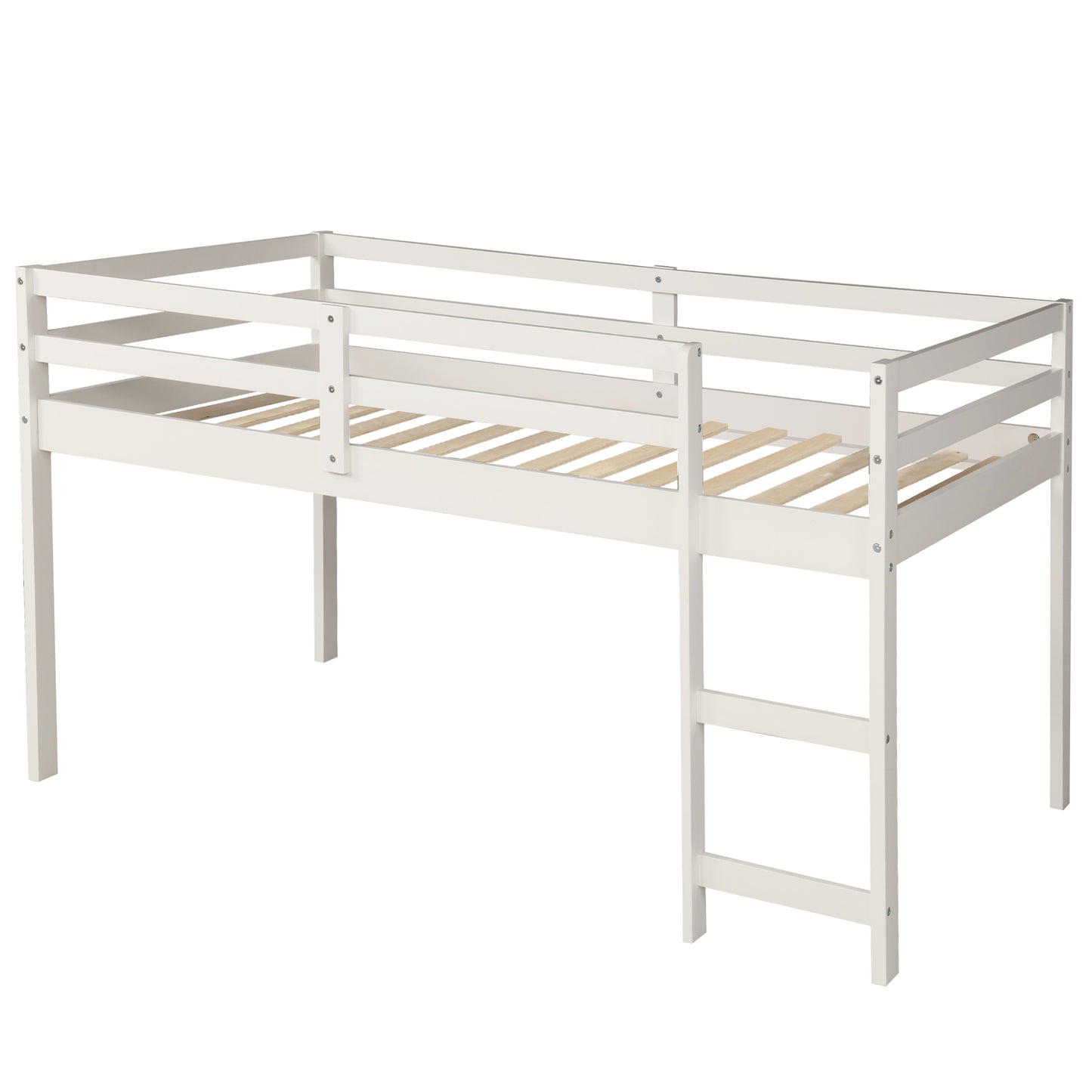 Low Study Twin Loft Bed with Cabinet and Rolling Portable Desk - White