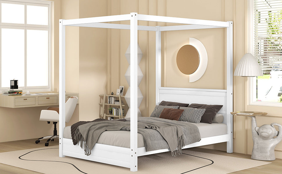 Full Size Canopy Platform Bed with Headboard and Support Legs,White