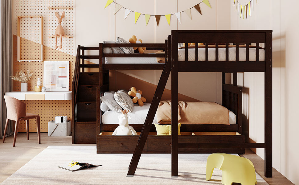Twin over Full L-Shaped Bunk Bed With 3 Drawers, Ladder and Staircase - Espresso