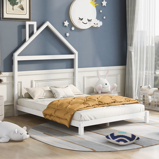 Full Size Wood Platform Bed with House-shaped Headboard White
